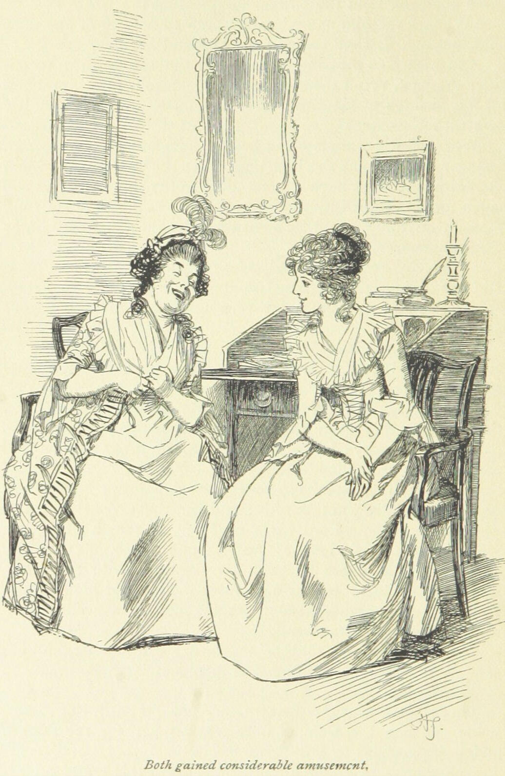 Both gained considerable amusement, by Hugh Thomson, 1896 Antique drawing of two women dressed in 18th-century clothing, conversing and laughing