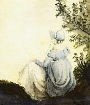 Jane Austen by Cassandra Austen Antique watercolor of back view of Jane Austen seated outdoors gazing into distance