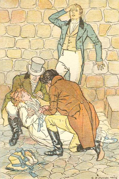1898 book illustration by C.E. Brock depicting Louisa’s fall in Lyme-Regis, “Oh God! her father and mother!”, Chapter 12 1898 book illustration by C.E. Brock depicting Louisa’s fall in Lyme-Regis, “Oh God! her father and mother!” , Chapter 12